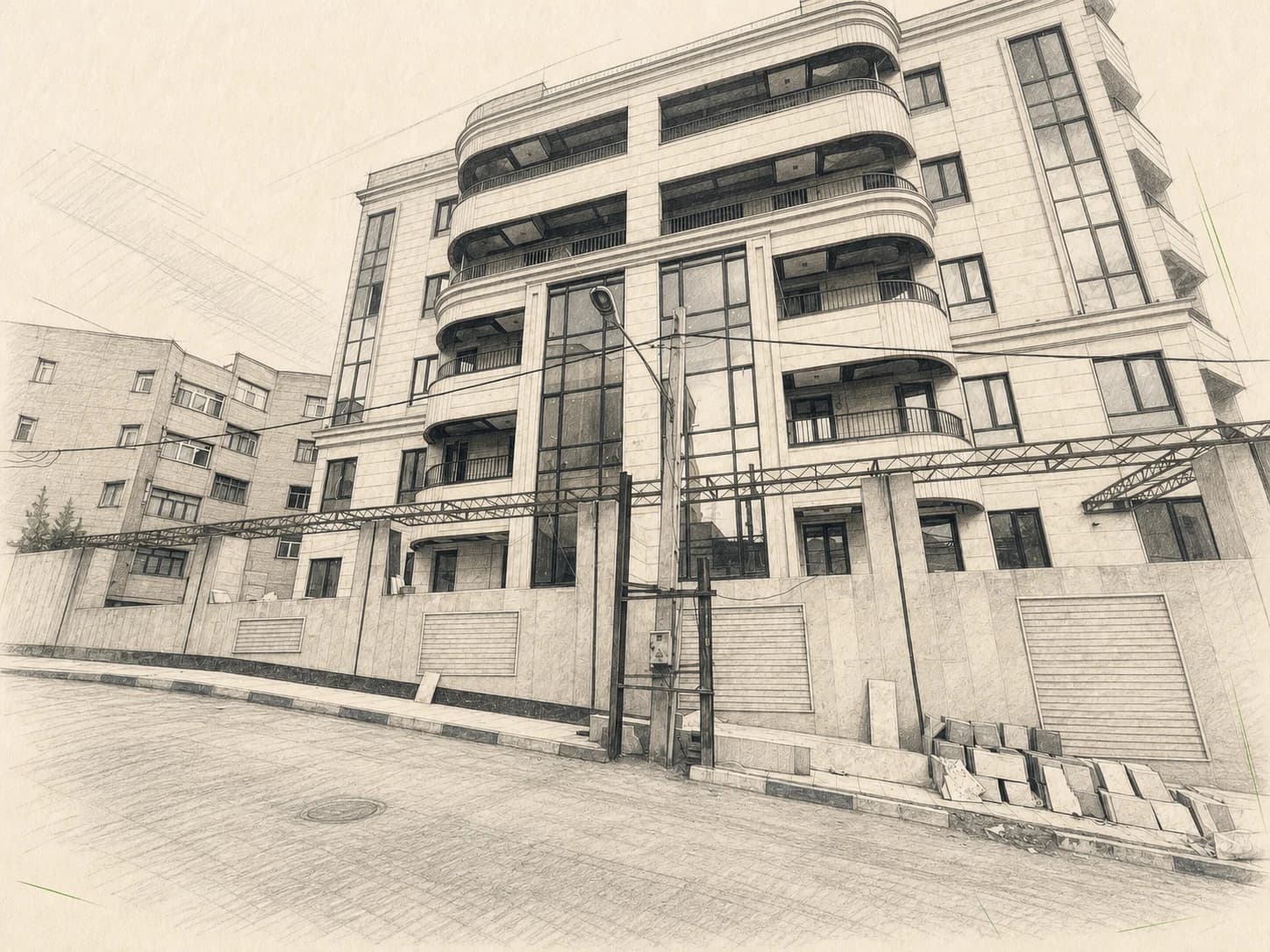 Graphite architectural drawing of the Lotus residential building