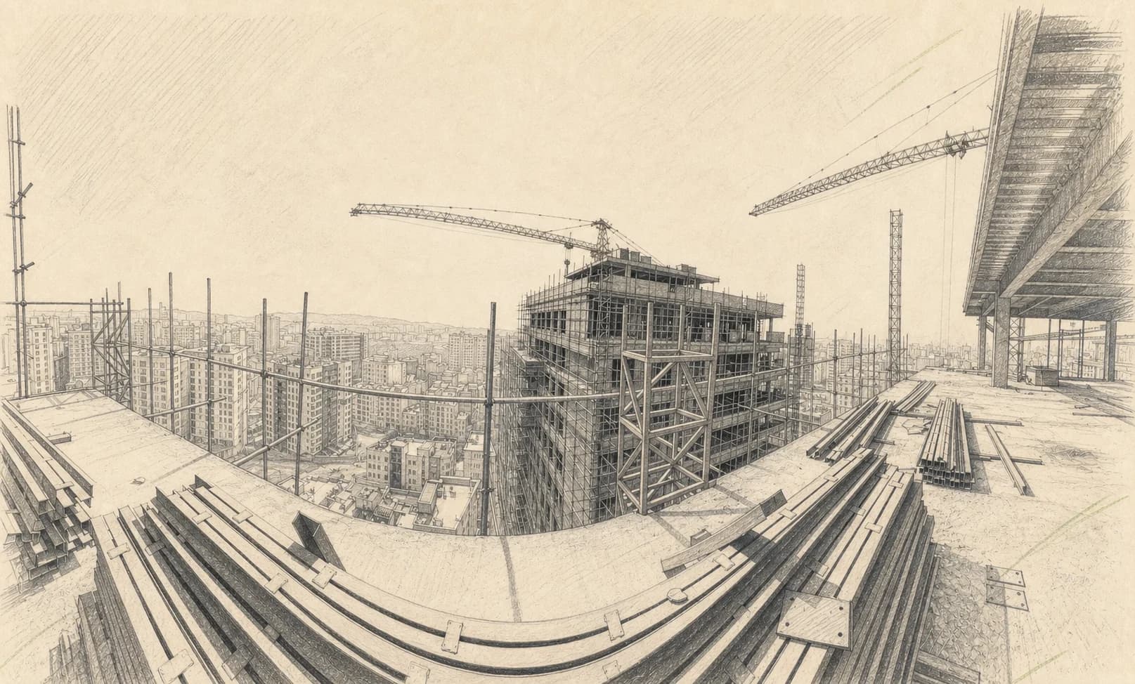Graphite architectural drawing of the Ozgol towers construction site