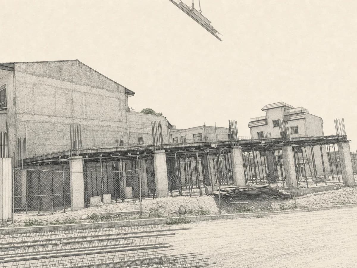 Graphite architectural drawing of the concrete building structure under construction at Aras