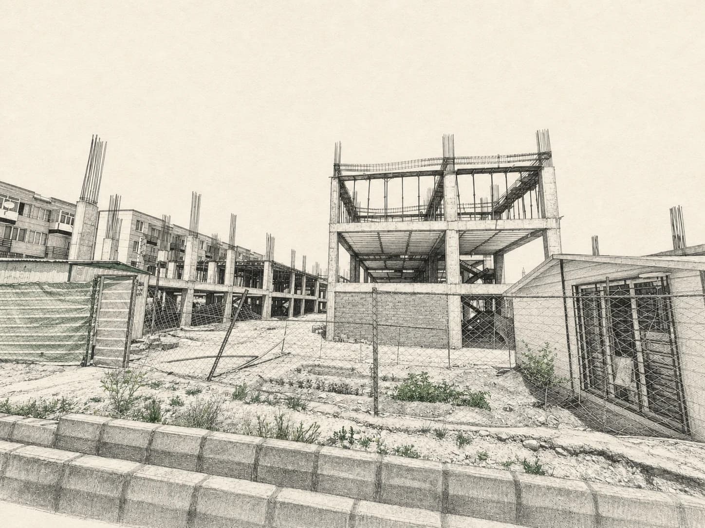 Graphite architectural rendering of the Simorgh residential construction site